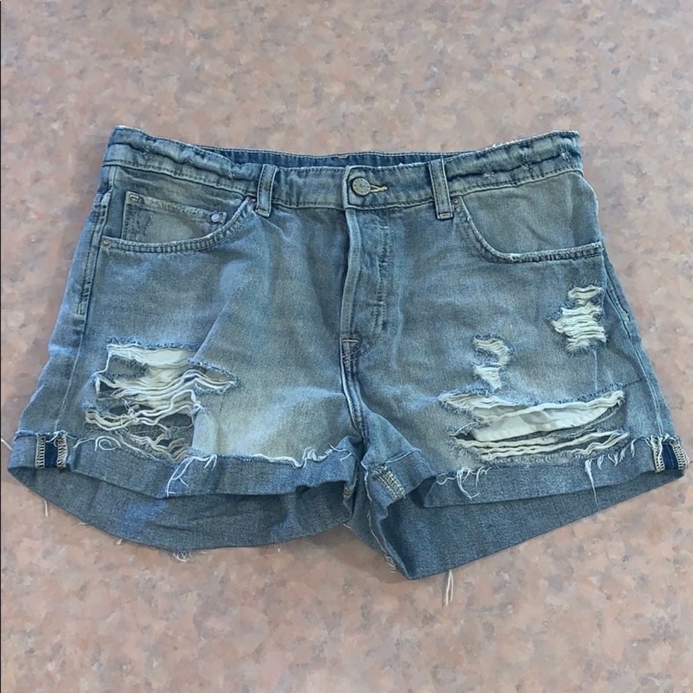 Distressed denim shorts